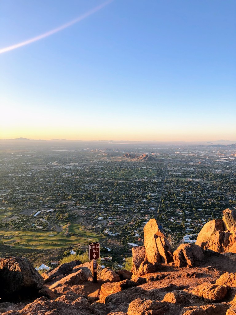 Bird's eye view of Phoenix, Arizona from the summit at Camelback Mountain during the sunrise
