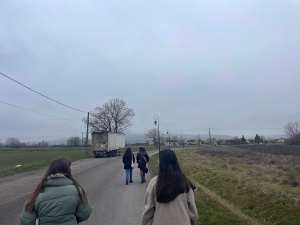 walking along the road in Meursault, France on a cloudy day with grey skies and green grass. feautured are four friends walking