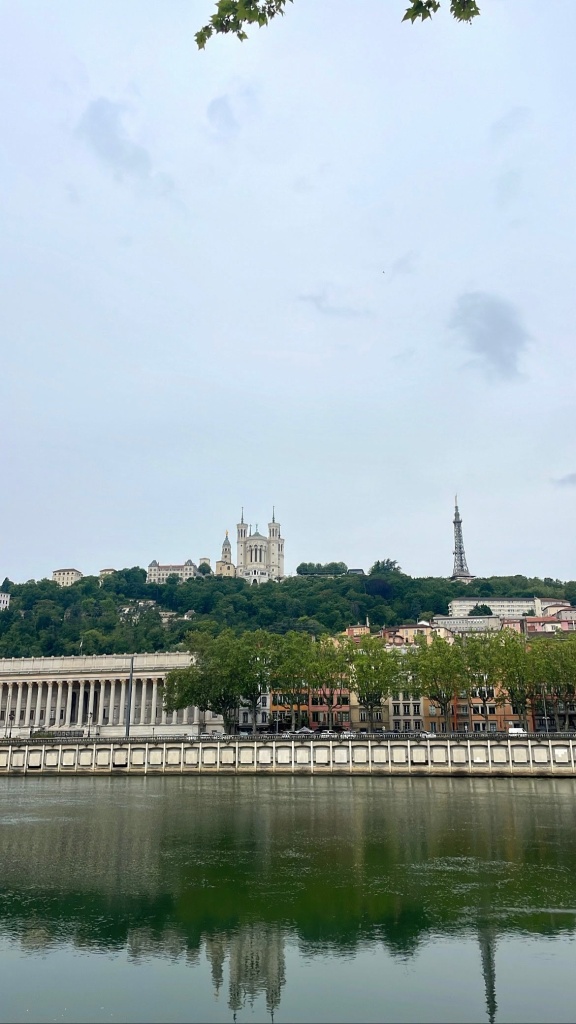 Fourvrière up on the hill in Lyon, with the Saône River in the foreground