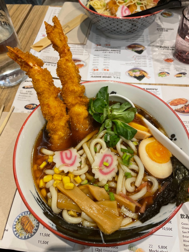 shrimp tempura with udon noodles from a Japanese ramen restaurant in Paris