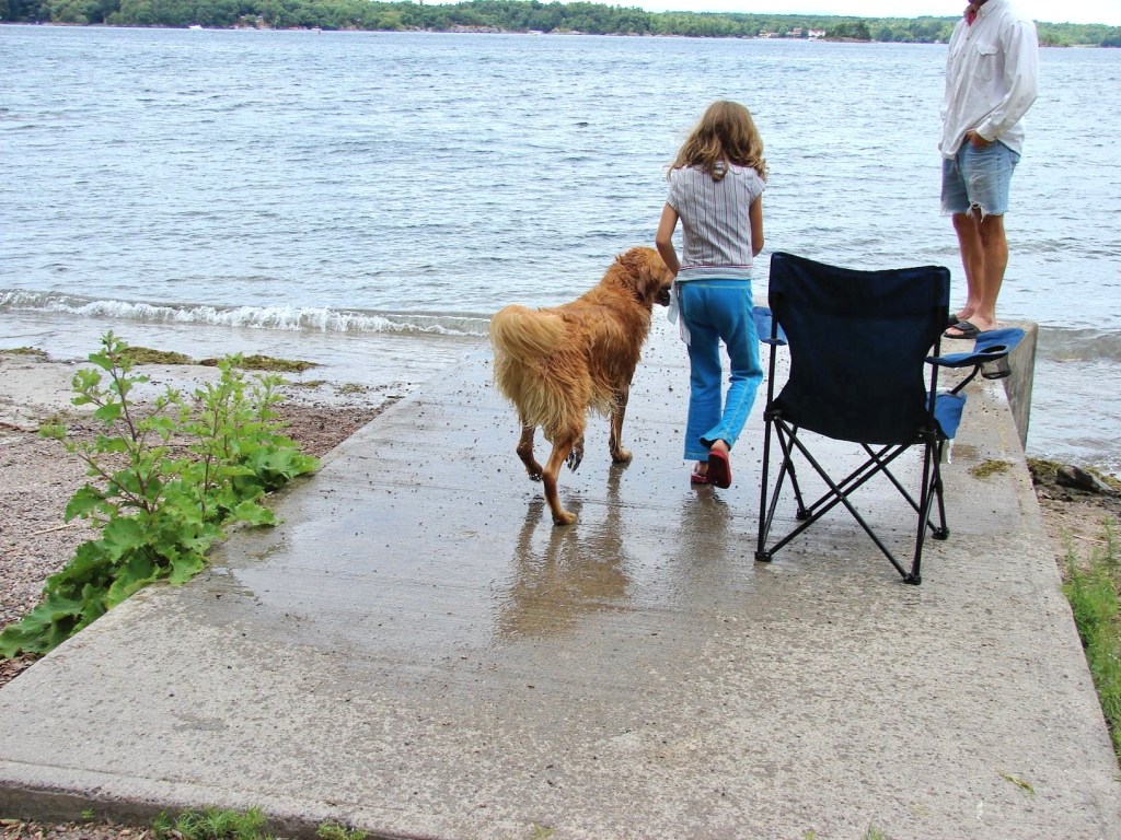 A little girl and her golden retriever playing in the Saint Lawrence River in Upstate New York