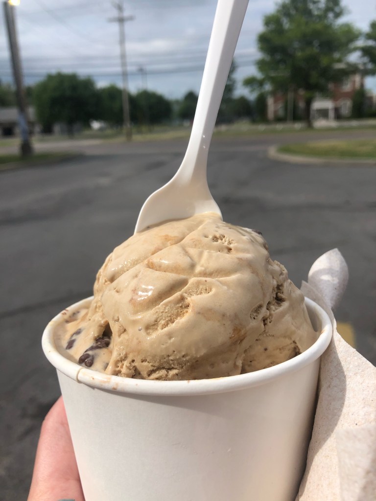 A hand holding a scoop of hard chocolate ice cream in a dish with a spoon on top from Bryne Dairy