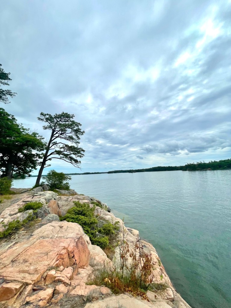 A small peninsula on Wellesley Island featuring rocks, some trees, and the blue Saint Lawrence River