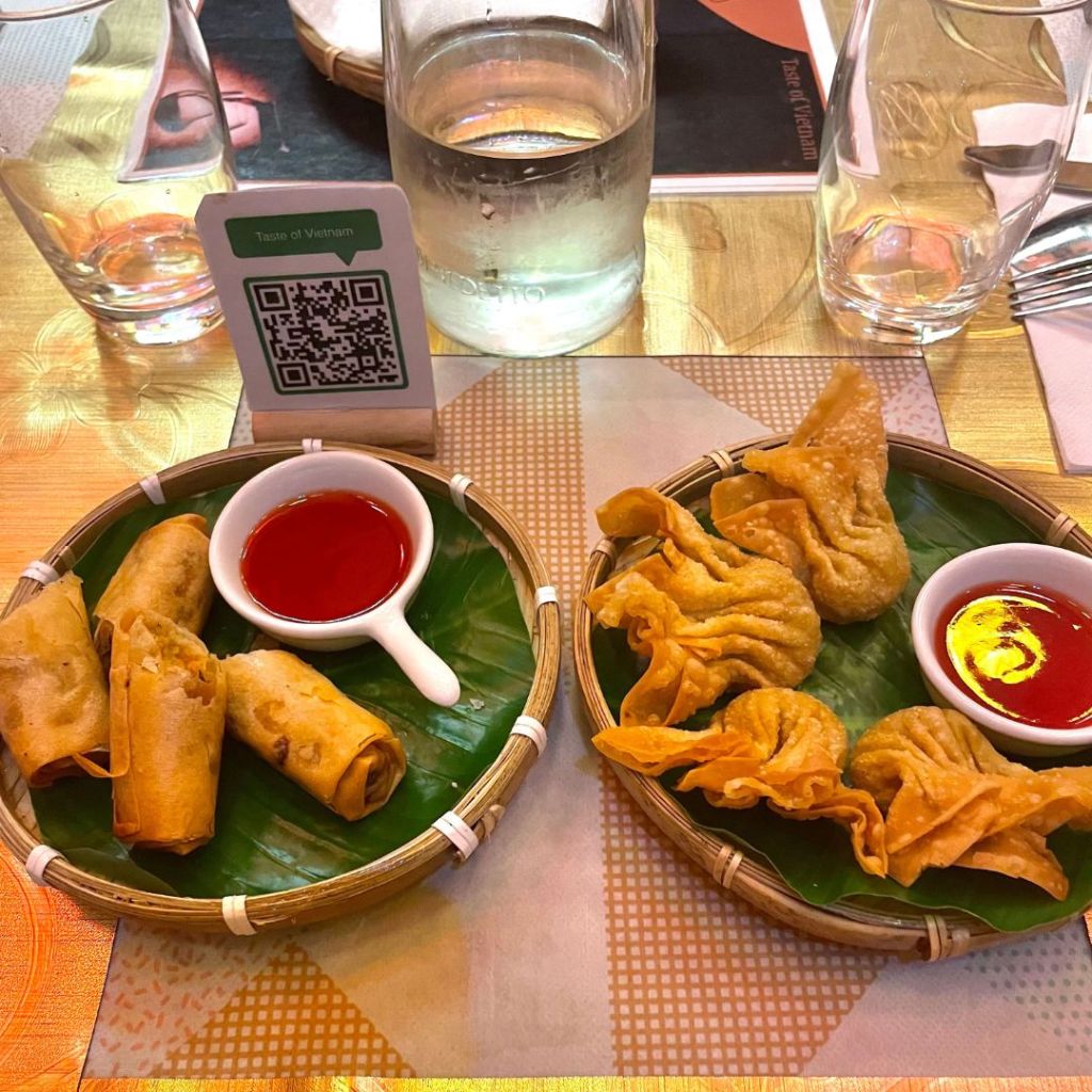 Two plates of egg rolls and wontons at an amazing Vietnamese restaurant on the island of Malta