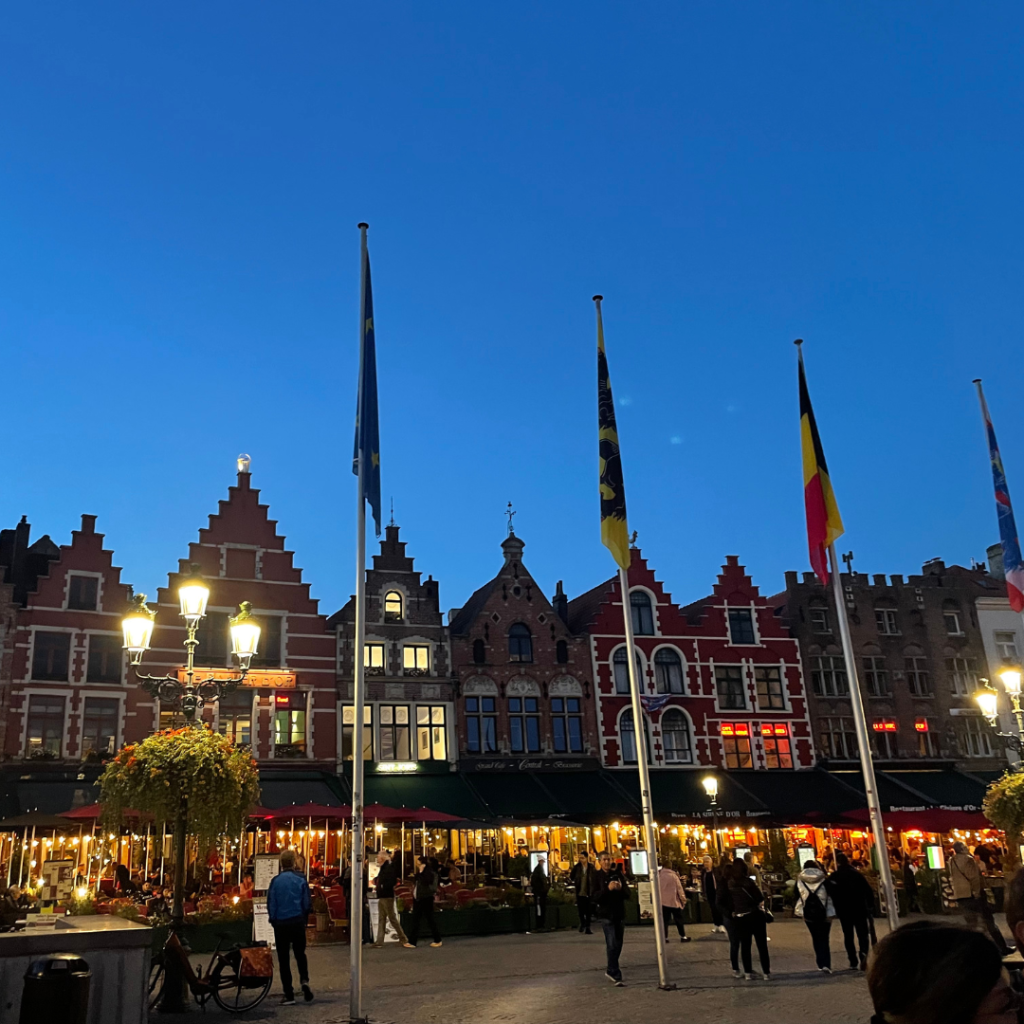 Dusk at Grotes Markt, Market Square in Bruges, Belgium