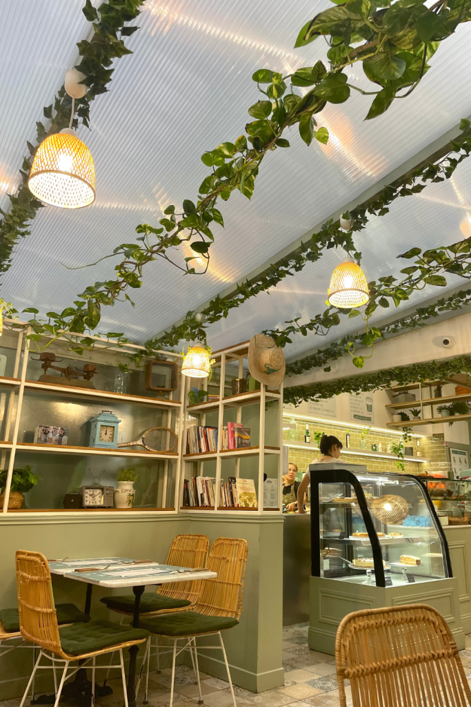The cozy interior of a café in Nice, France. The ceiling is lined with plants and there are coastal chairs to sit on.