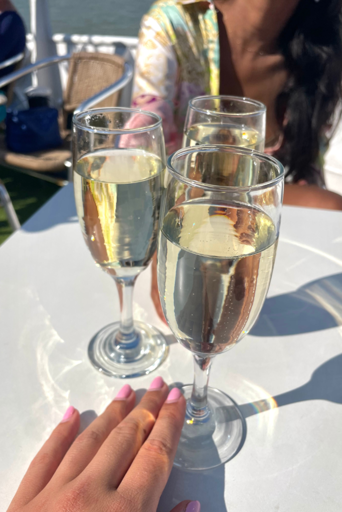 A delicate hand placed next to her coup of Prosecco, along with two more coups from her friends while at the Unlimited Prosecco Boat Tour on the Danube River in Budapest, HUngar.