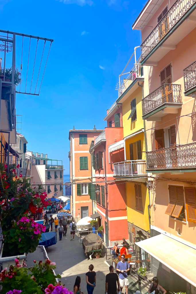 View of colorful buildings lining a small, cute street next to the ocean in Manarola, Italy during the summer on a bright sunny day with a clear blue sky