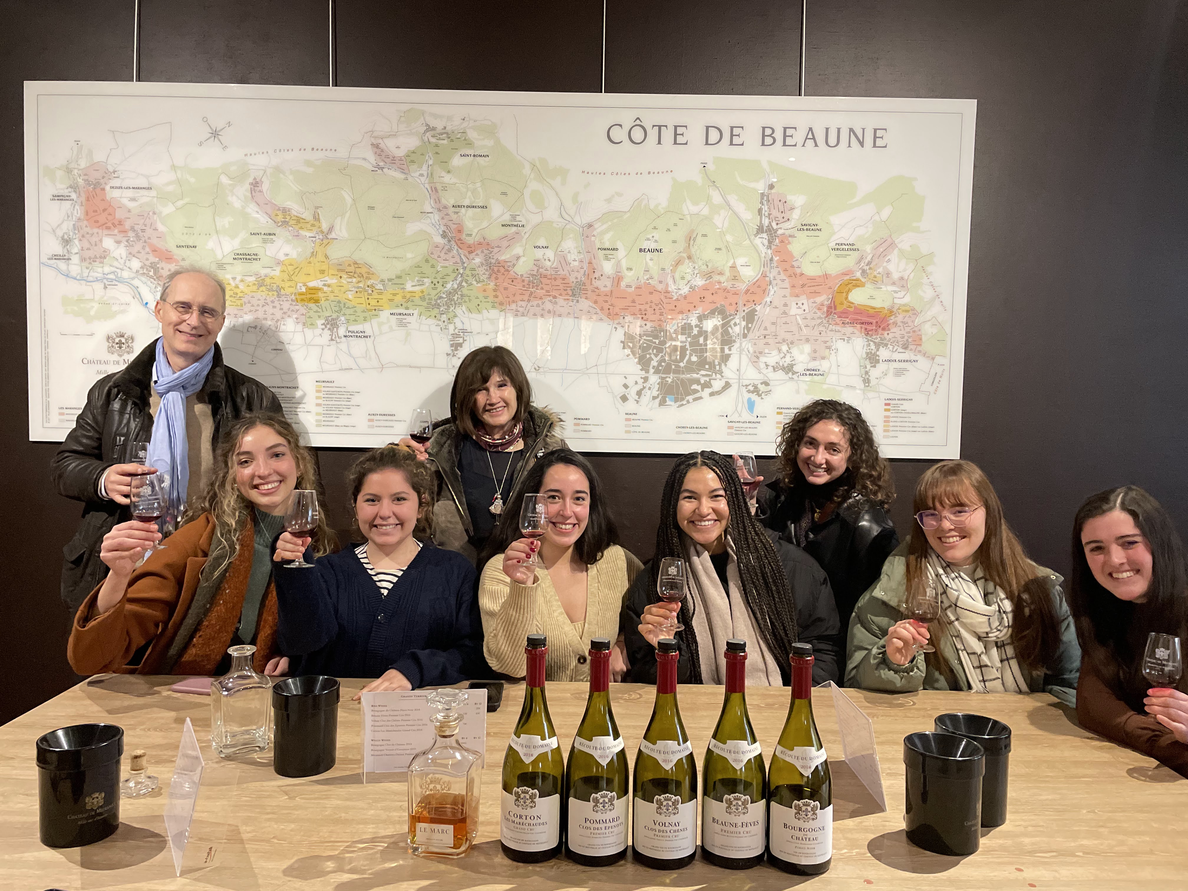 A group of girl friends on a wine tasting in the Burgundy region of France, smiling while holding a glass of wine