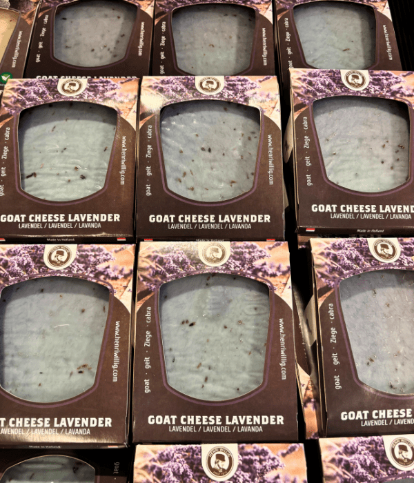 Goat cheese with lavender on display at a cheese shop in Amsterdam in the Netherlands